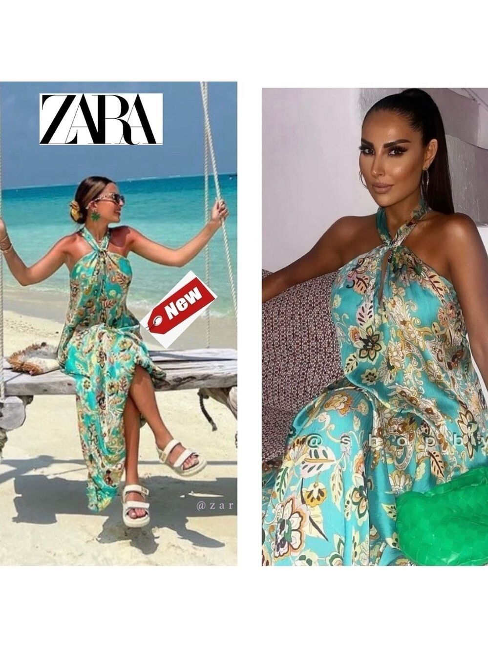 Zara teal satin floral flower print tropical halter open back long maxi dress XS